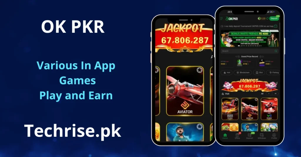 OK PKR casino app games screen showing two smartphones displaying a Jackpot counter at 67,806,287 and hot games including multiple Aviator variants from different providers (SCRIBE, AVIATOR, WG), alongside a referral bonus banner for Rs 4,000, Grand Prize Record leaderboard, and Blockchain, Slot, and Fishing game category tabs. Text reads "OK PKR – Various In App Games Play and Earn – Techrise.pk