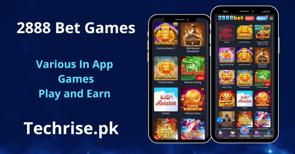 A promotional graphic for 2888 Bet on a dark blue background, featuring the text "2888 Bet Games," "Various In App Games Play and Earn," and "Techrise.pk." Two smartphone screens display a variety of colorful slot and casino-style game icons, including titles like "Aviator," "Fortune Gems 2," "Wild Bounty Showdown," and "Money Coming." The app interface includes navigation buttons at the bottom for Home, Share, Promotion, Deposit, and Members.