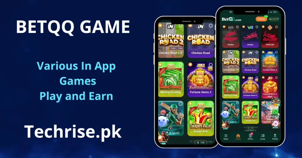 BetQQ game app games library on two smartphones featuring Chicken Road, Chicken Road 2.0, Money Coming, Fortune Gems 2, and Super Ace, promoted on Techrise.pk