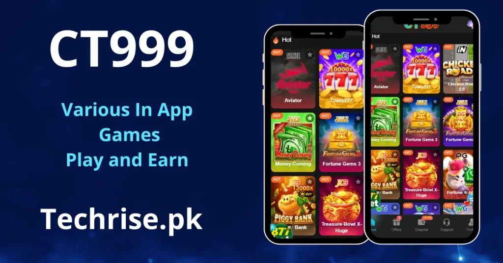 Smartphone screens showcasing a grid of various available mini-games like Aviator and Crazy777 inside the CT999 app against a blue background.