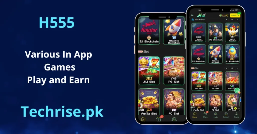 Two smartphone mockups highlighting a menu of various playable digital games classified under Blockchain and Slot categories within the H555 app interface.