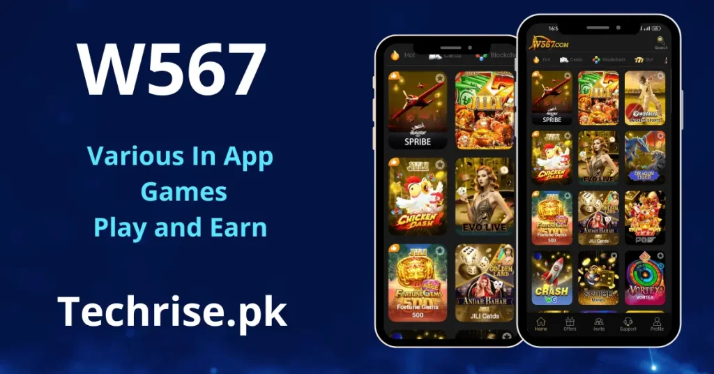 Two vertical smartphone mockups set against a blue background, showcasing a grid gallery of playable mini-games like Chicken Dash, Evo Live, and Aviator inside the W567 app.