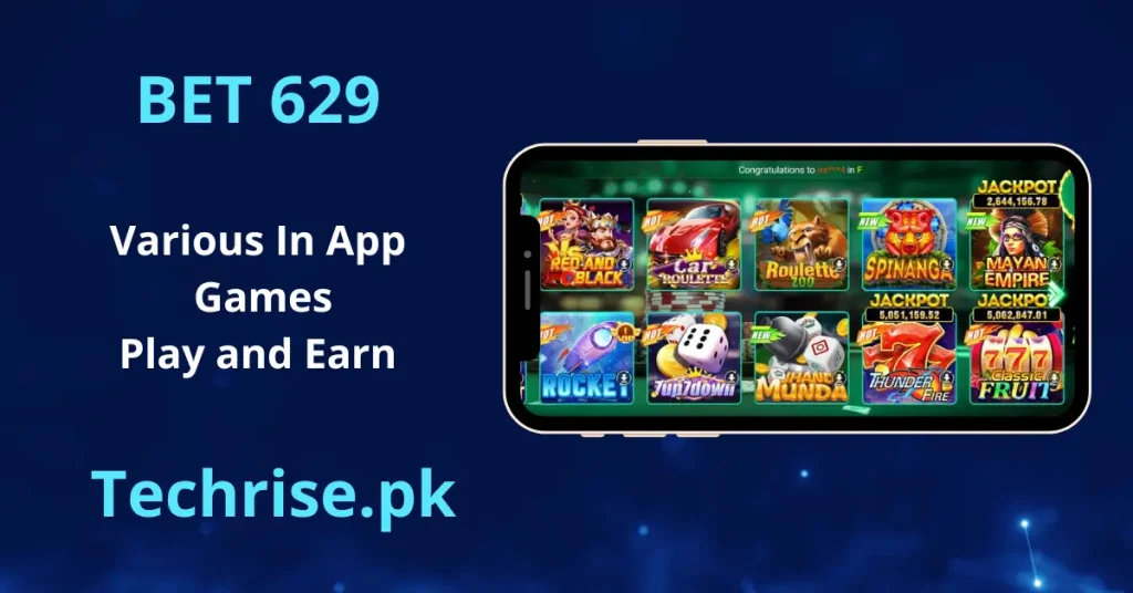 A horizontal smartphone mockup set against a blue background, displaying a menu grid of playable mini-games like Rocket, Car Roulette, and Thunder Fire within the BET 629 application.