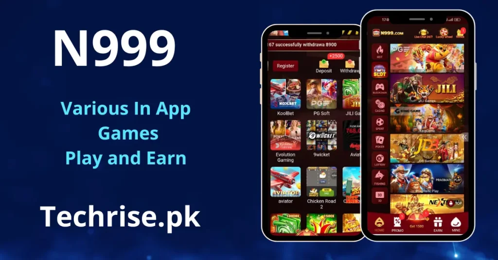 A promotional graphic displaying the variety of "Play and Earn" mobile games available inside the N999 application interface.