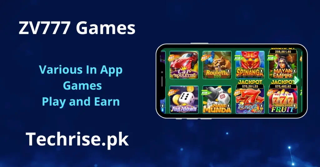 A smartphone screen showcasing various mini-games available on the ZV777 platform, including Car Roulette and Thunder Fire.