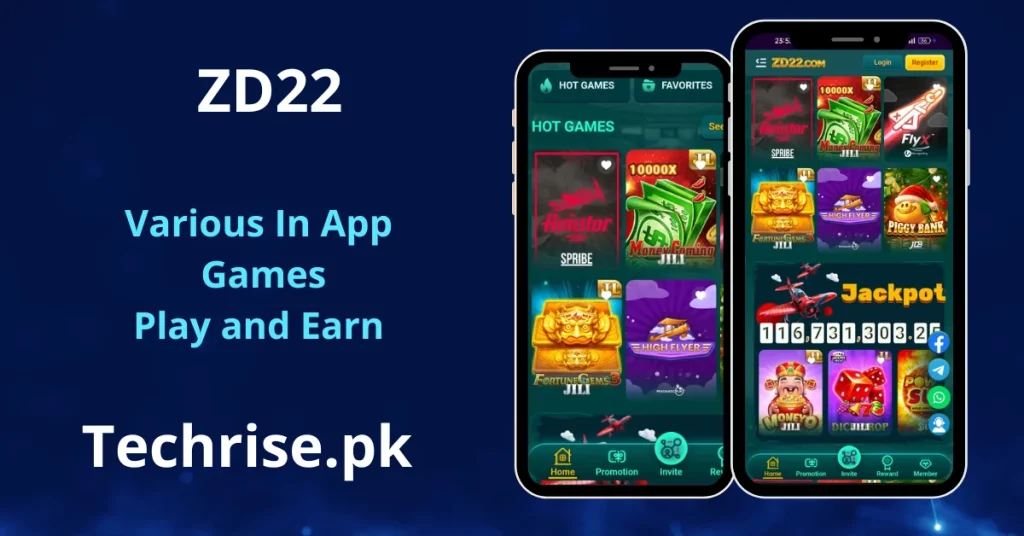 ZD22 game app hot games section displayed on two smartphones featuring Aviator, Money Coming, Fortune Gems, High Flyer, and Piggy Bank with a jackpot display, promoted on Techrise.pk
