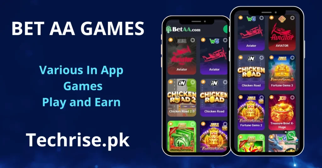 BetAA game app games library displayed on two smartphones featuring Aviator, Chicken Road, Chicken Road 2.0, Fortune Gems, Money Coming, and Treasure Bowl X-Huge, promoted on Techrise.pk