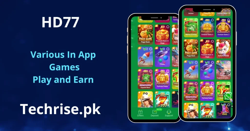 HD77 app games library displayed on two smartphones featuring Piggy Bank, Treasure Bowl X-Huge, Crash, Plinko, Money Coming, Fortune Gems, and Super Seven slots, promoted on Techrise.pk