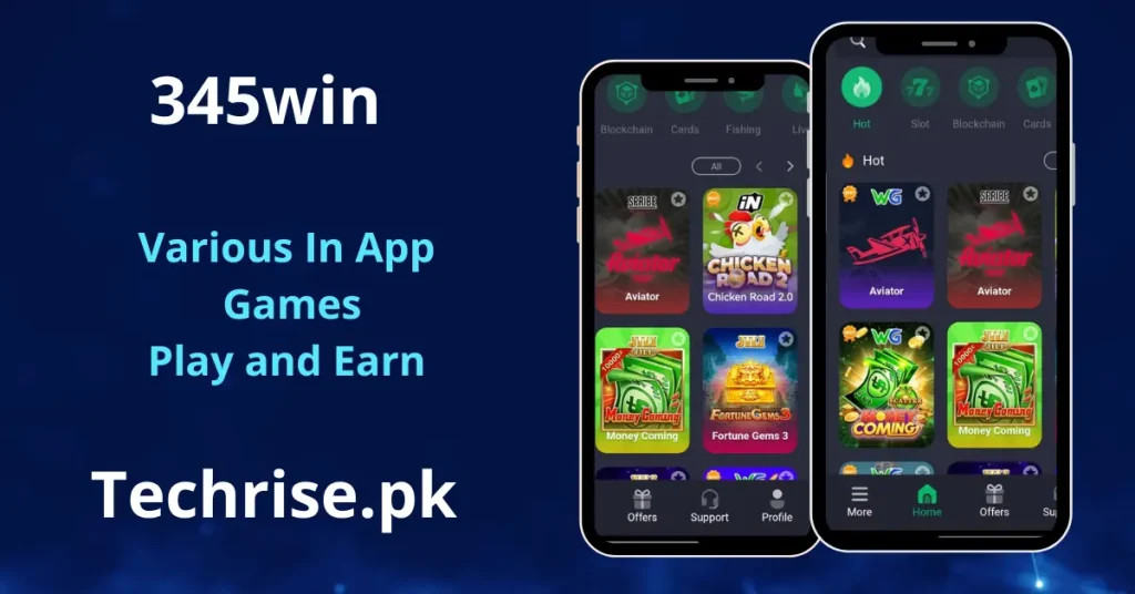 345Win Game in-app games library showing Aviator, Chicken Road 2.0, Money Coming, and Fortune Gems 3 across Slot, Blockchain, Cards, and Fishing categories — Techrise.pk