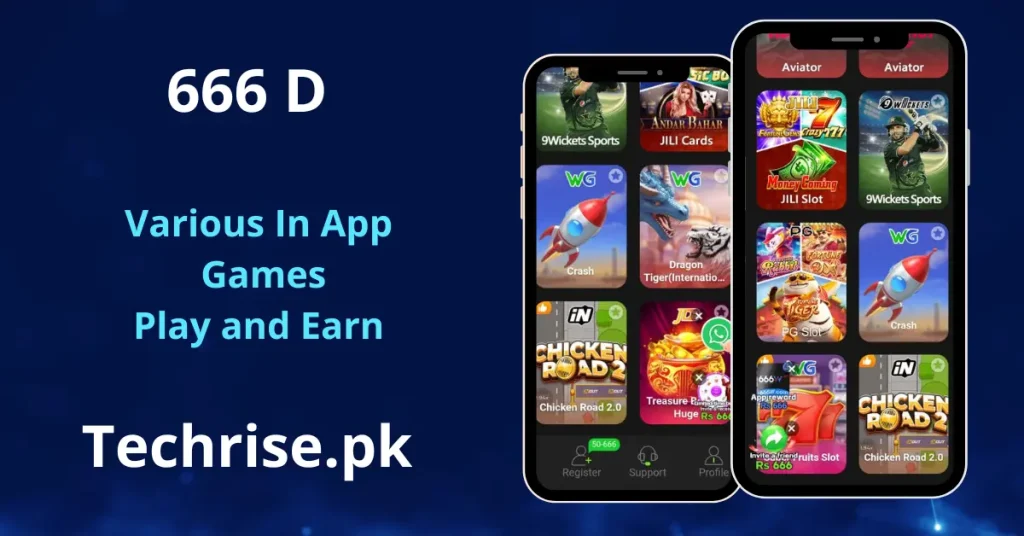 666D Game in-app games library showing Aviator, Crash, JILI Slot, Dragon Tiger, Andar Bahar, 9Wickets Sports, Chicken Road 2.0, and PG Slot — Techrise.pk