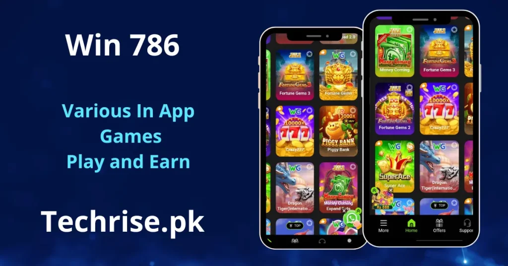 Win 786 casino app games screen showing two smartphones displaying a grid of slot and casino games including Fortune Gems 3, Crazy777, Piggy Bank, Dragon Tiger, and Money Coming. Text reads "Win 786 – Various In App Games Play and Earn – Techrise.pk