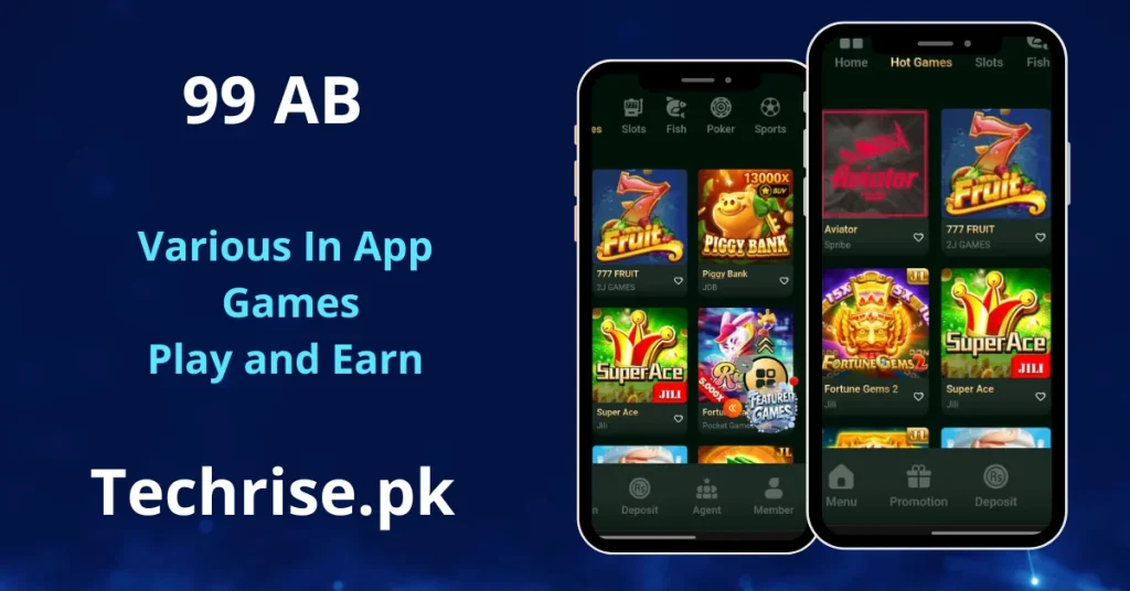 99 AB casino app games screen showing two smartphones displaying hot games including Aviator, 777 Fruit, Piggy Bank, Super Ace, and Fortune Gems 2 in a grid layout with Slots, Fish, Poker, and Sports navigation tabs. Text reads "99 AB – Various In App Games Play and Earn – Techrise.pk