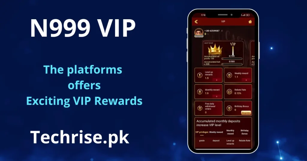 A promotional banner showing a smartphone interface outlining the "N999 VIP" rewards program, including level-up, weekly, and monthly bonuses.