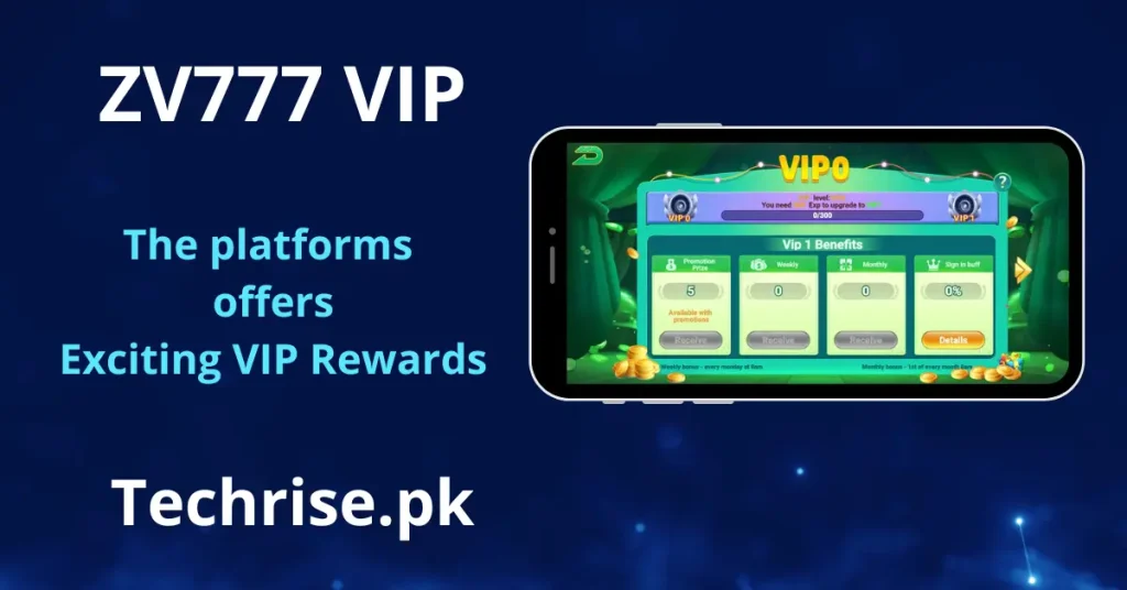 A smartphone displaying the ZV777 app's VIP0 tier benefits and progression menu against a dark blue background.