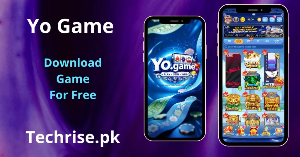 Yo Game APK download - Screen shows game app startup, along with casino slot games on Android smartphone Pakistan