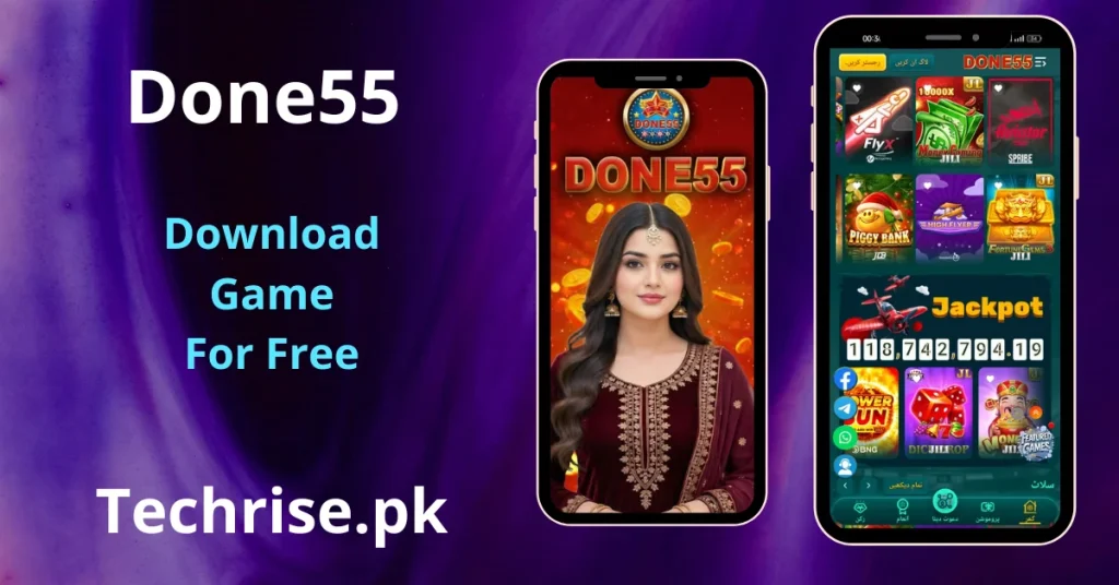 Done55 APK Download - App interface showing game lobby with slots and jackpot on Android phone