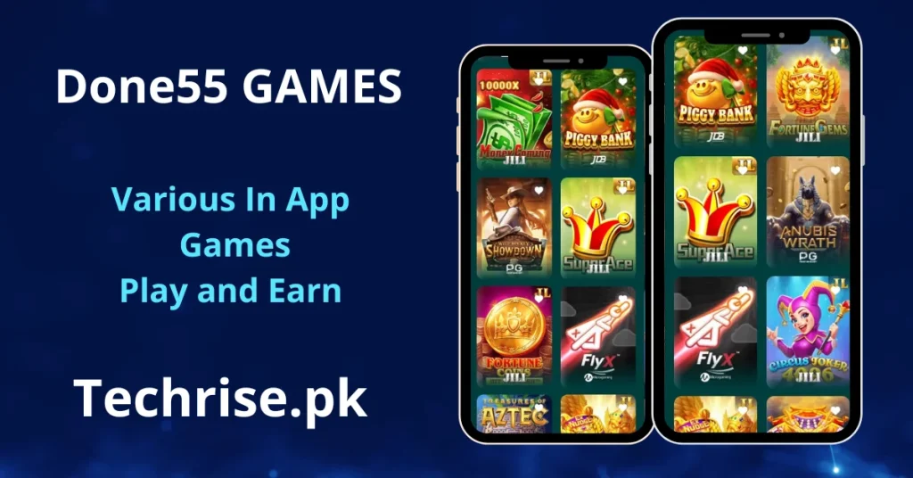 Done55 Game slots library showing JILI and PG games including Money Coming, Piggy Bank, and FlyX on Android
