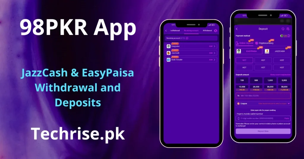 98PKR app deposit and withdrawal screen supporting JazzCash and EasyPaisa in Pakistan. Easily deposit from Rs. 100 to Rs. 50,000 and withdraw winnings via mobile wallet on Techrise.pk.