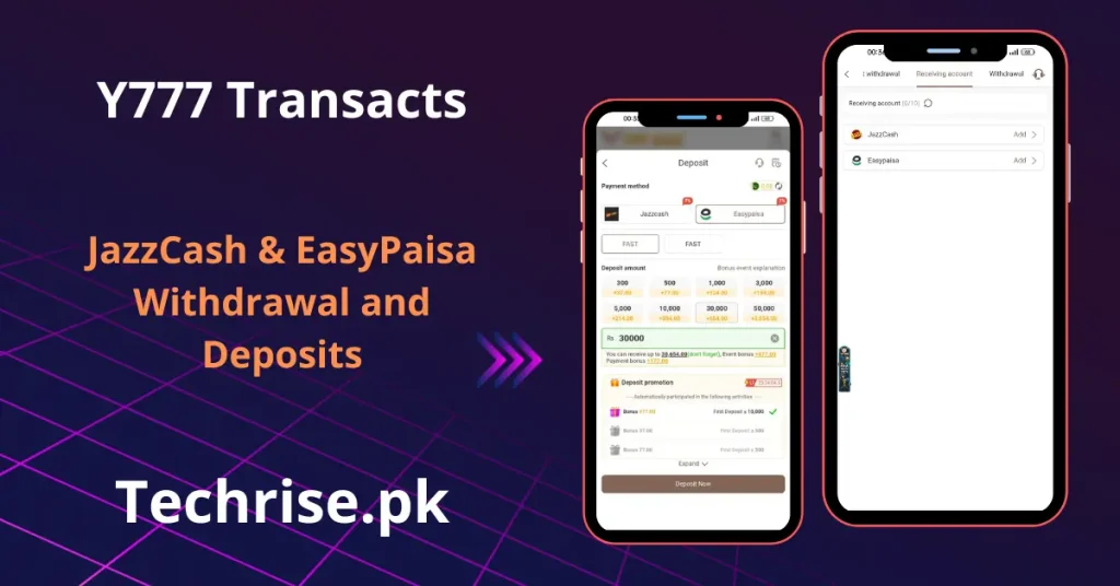 Y777 Game deposit and withdrawal via JazzCash and EasyPaisa fast payment on Techrise.pk Pakistan. Y777 app transaction screen showing recharge options from Rs300 to Rs50,000 with first deposit bonus promotions.
