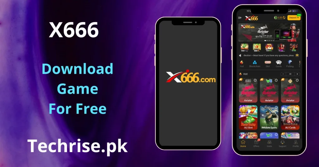 X666 Game APK download for Android – official app interface showing Aviator, JILI Slots, 9Wickets Sports, and WG games. Download X666.com game app from Techrise.pk and start playing for free.