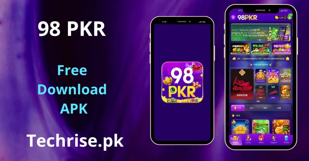 98PKR APK download free for Android – official app interface showing featured casino games. Download 98PKR app from Techrise.pk and get a welcome bonus on registration.
