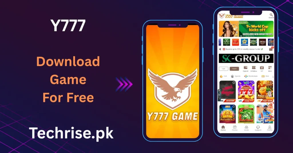 Y777 Game APK free download on Techrise.pk – online casino, sports, and slot games app for Android Pakistan. Y777 Game app interface showing World Cup prizes, SK-Group, Aviator, Crazy777, Fortune Gems, and Money Coming games.