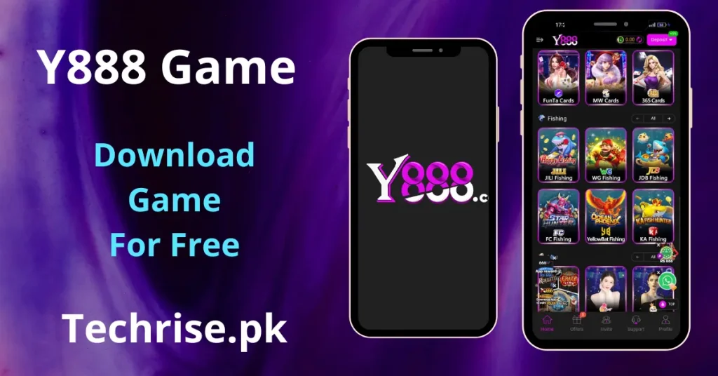 Y888 game APK download for Android – official app interface showing FunTa Cards, MW Cards, JILI Fishing, WG Fishing, JDB Fishing, and FC Fishing games. Download Y888 app from Techrise.pk and start playing for free.