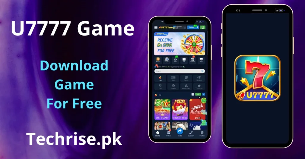U7777 APK Download showing the app home screen with Rs 1500 welcome bonus offer on Android
U7777 game interface displaying Hot, Slot, Cards, Fishing, and Sports categories in Pakistan