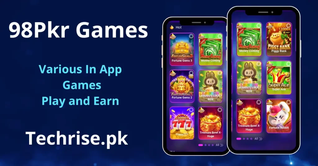 98PKR games list featuring Fortune Gems 3, Money Coming, Piggy Bank, Super Ace, and Crazy 777 slots. Play and earn real money with top JILI and JDB casino games – download from Techrise.pk.