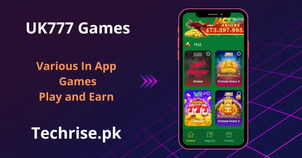 UK777 hot games section displaying Aviator, Fortune Gems 3, Crazy 777 and Fortune Gems 2 with a live PKR jackpot of over 473 million. Play and earn real money with exciting in-app slot and casino games on UK777 via Techrise.pk.