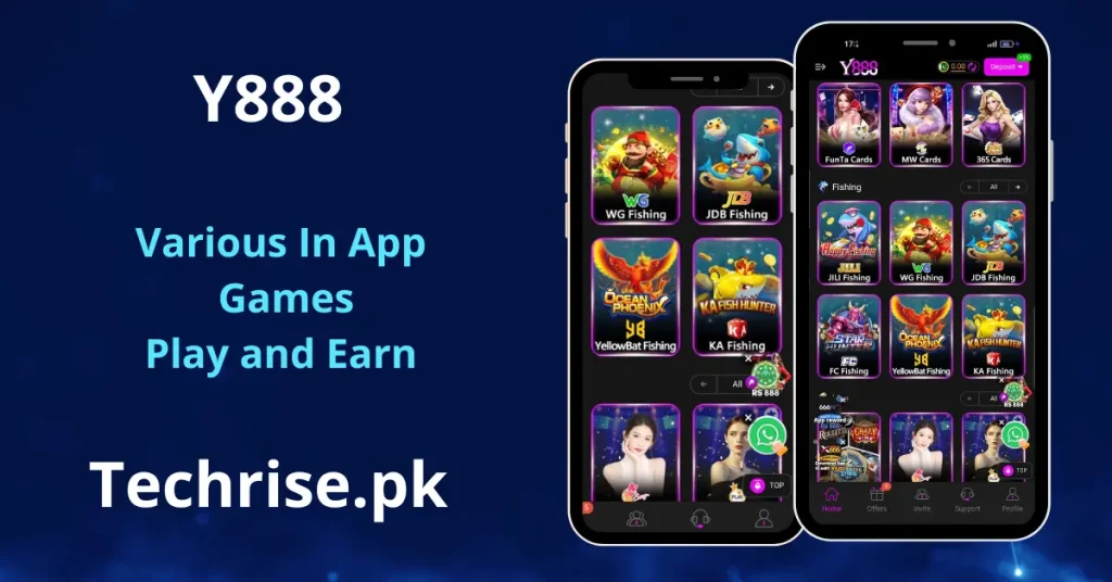 Y888 games section featuring WG Fishing, JDB Fishing, YellowBat Fishing, Ocean Phoenix, KA Fish Hunter, JILI Fishing, FunTa Cards, MW Cards, and 365 Cards. Play various in-app fishing and card games to earn real money – download from Techrise.pk.