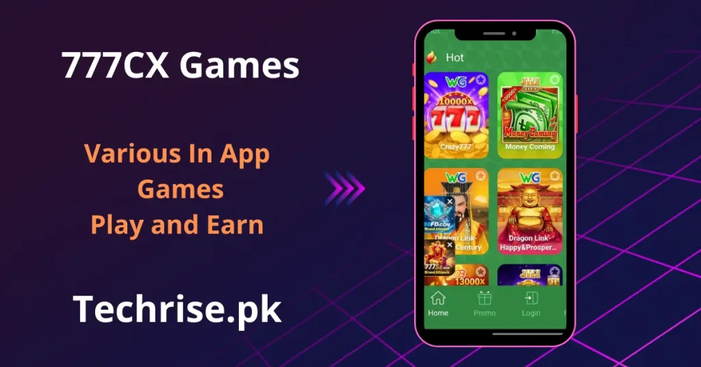 777CX hot games section featuring Crazy777, Money Coming, Dragon Link Century and Dragon Link Happy and Prosper with massive multipliers up to 13000x. Play and earn real money with exciting WG and JILI slot games on 777CX APK from Techrise.pk.