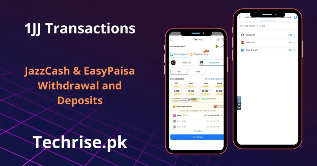 1JJ deposit and withdrawal screens supporting JazzCash and EasyPaisa payment methods.
Fast 1JJ transactions with instant deposit bonuses and multiple receiving accounts.