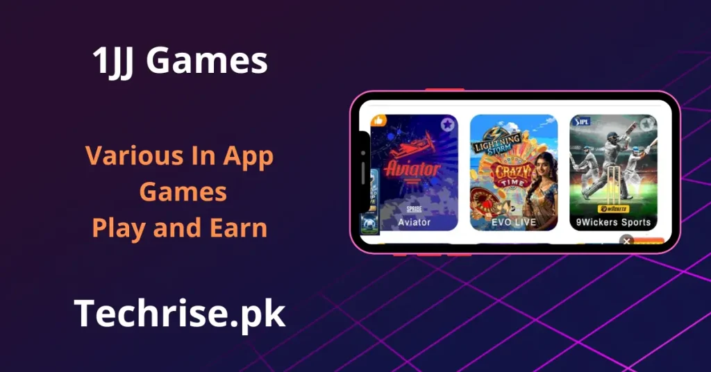 1JJ app screen showing multiple games including Aviator, Crazy Time, and 9Wickers Sports.
Play and earn through a variety of live casino and sports games in the 1JJ app.