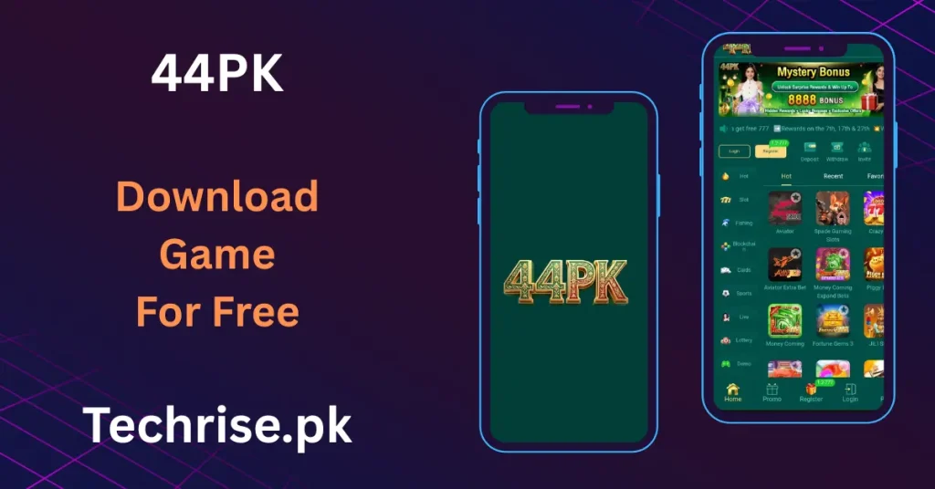 44PK Game app home screen showing the mystery bonus offer and hot game categories for Android users.