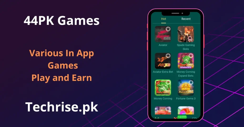 44PK Game library screenshot showing Aviator, Spade Gaming Slots, Money Coming and Fortune Gems games.