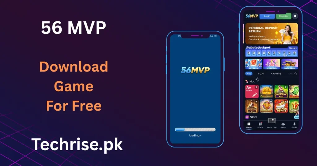 A promotional banner for the 56MVP Game Apk download featuring two mobile phone screens that display the app's loading interface and main game lobby.