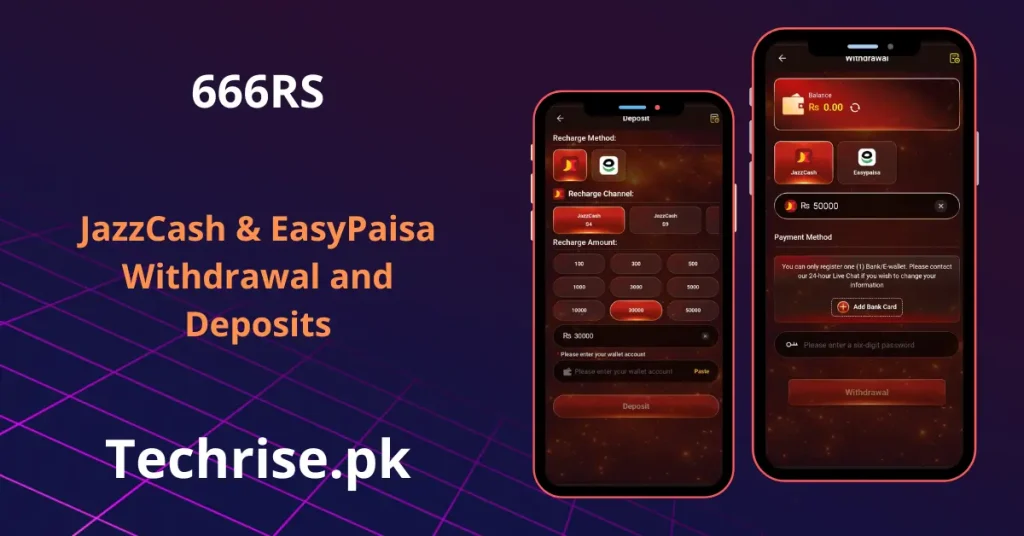 666RS app deposit and withdrawal screen supporting JazzCash and EasyPaisa