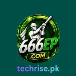 The app icon for 666EP featuring a white silhouette of a cricket batsman inside a glowing green circle with the text "666EP" above "techrise.pk".