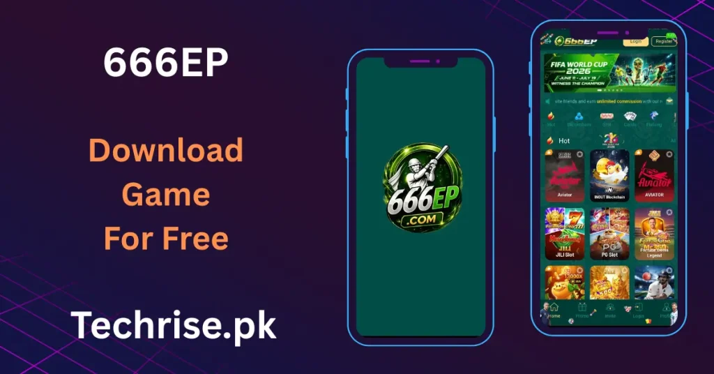 A promotional graphic for the free 666EP game apk download from Techrise.pk, displaying two smartphones that show the app's cricket-themed loading screen and main game interface.