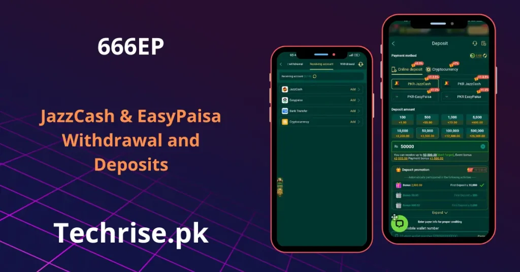 A promotional image showing the 666EP app's withdrawal and deposit screens on two smartphones, emphasizing JazzCash and EasyPaisa payment options.