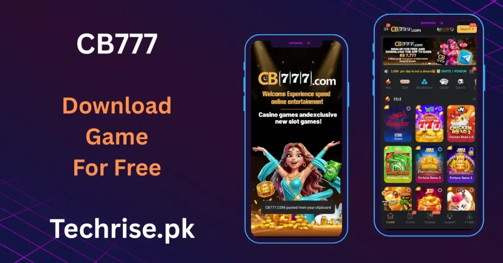 A promotional graphic for CB777 APK Download from Techrise.pk, featuring two smartphones displaying a welcome screen with a woman and gold coins alongside the app's main game interface.