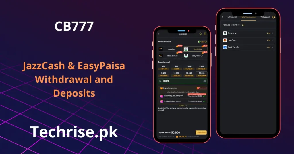 A promotional image highlighting the deposit and withdrawal screens of the CB777 app on two smartphones, emphasizing JazzCash and EasyPaisa payment methods from Techrise.pk.