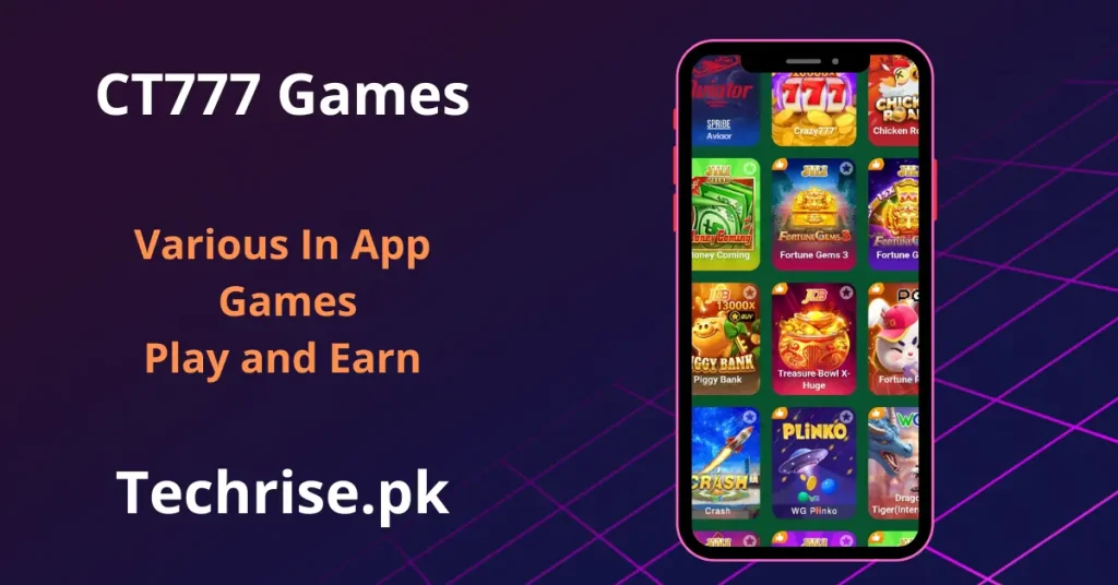 CT777 APK games in app screen showing Aviator, Crazy777, Chicken Road, Money Coming and Fortune Gems 3 slot games on techrise.pk