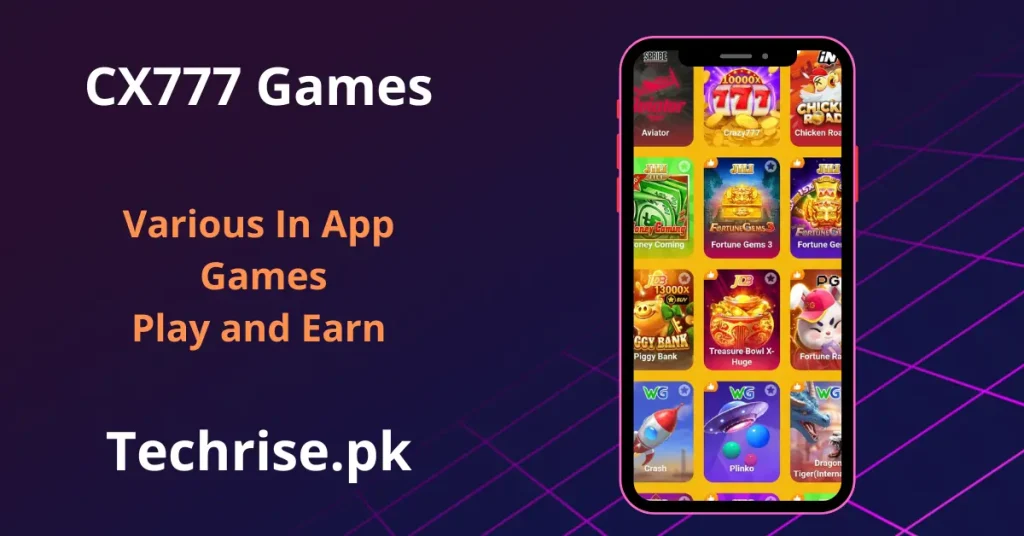 CX777 APK games in app screen showing Aviator, Crazy777, Chicken Road, Money Coming and Fortune Gems slot games on techrise.pk