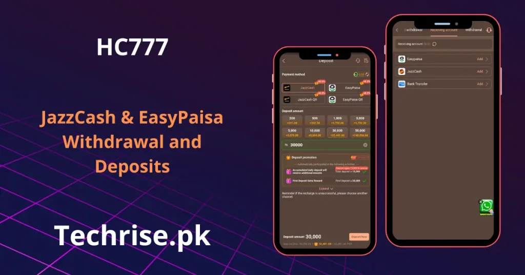 HC777 deposit and withdrawal screens supporting JazzCash and EasyPaisa payment methods.
Fast HC777 transactions with instant deposit bonuses and secure withdrawal options.