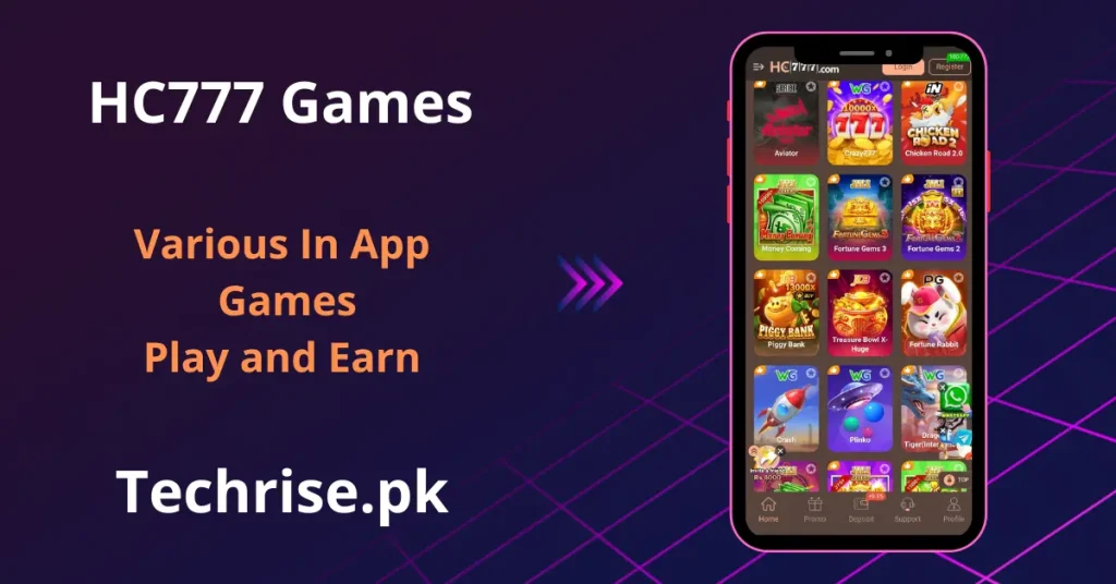 HC777 app screen showing various in-app games including Aviator, Crazy777, and Fortune Rabbit.
Play and earn with a wide range of slot and crash games inside the HC777 app.