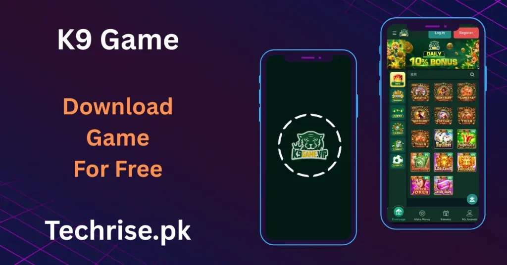 K9 Game app home screen interface displaying the daily 10% bonus offer and hot slot games for Android.