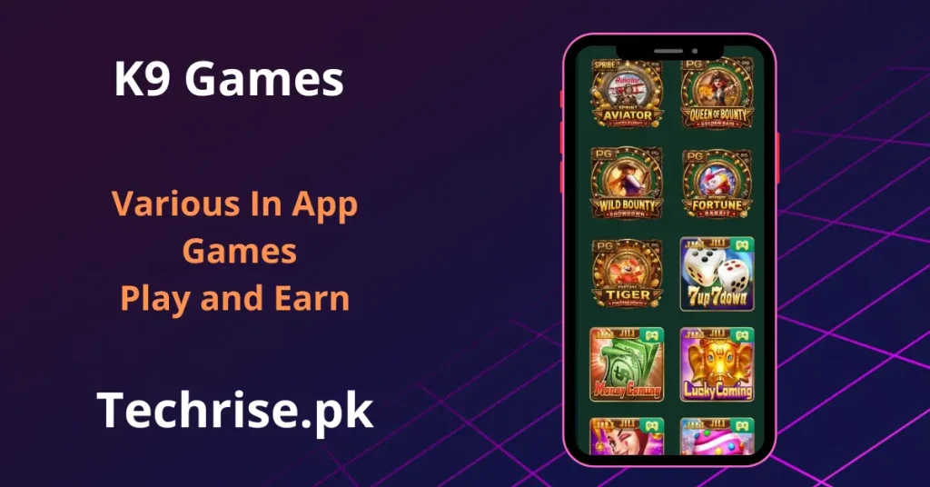 K9 Game screenshot showing Aviator, Queen of Bounty, Fortune Tiger and Money Coming slot games available in the app.