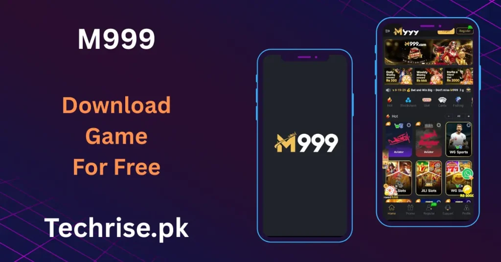 M999 Game app home screen interface showing daily sharing rewards and hot slot games for Android users.